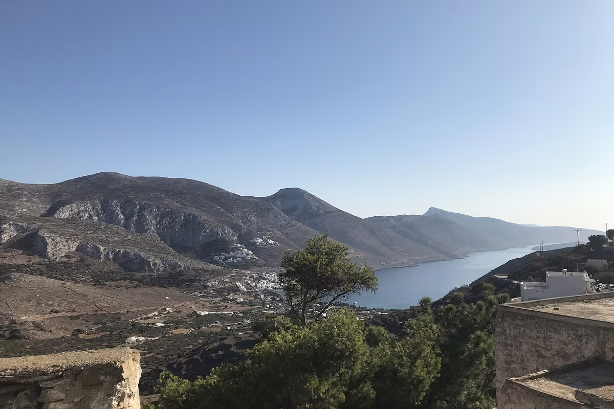 The bay of Aegiali seen from Tholaria, with the bare ridge of Amorgos running out to the north-east