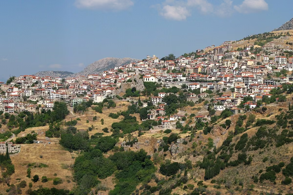 Panoramic view over the stone houses of Arachova
