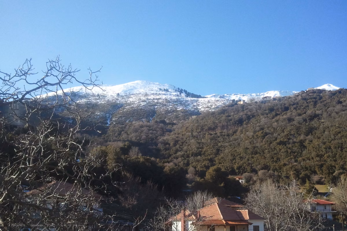 The snow-covered ridge of the Lampeia mountains above the wooded slopes and the roofs of the village