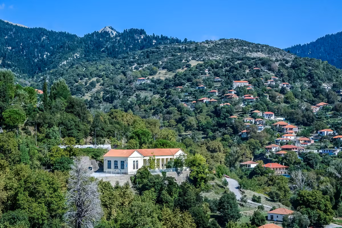 A neoclassical school with a tiled roof among trees, the houses of Divri on the slope and fir-covered mountains behind